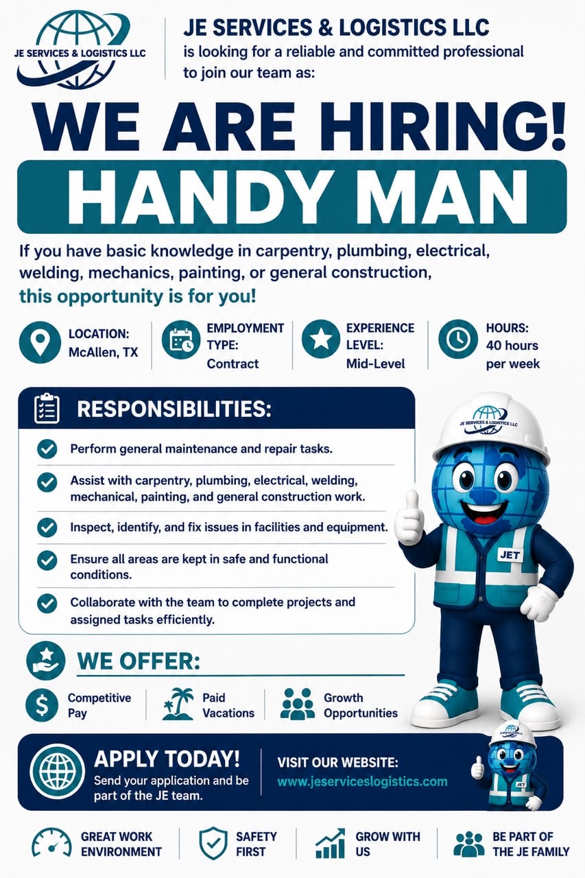 JE Services & Logistics is hiring a Handy Man in McAllen, TX — contract, mid-level, 40 hours per week