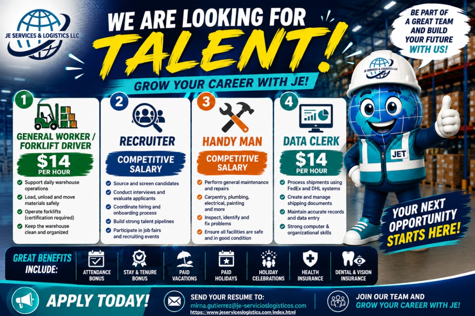 JE Services & Logistics hiring flyer: General Worker / Forklift Driver, Recruiter, Handy Man and Data Clerk positions with benefits
