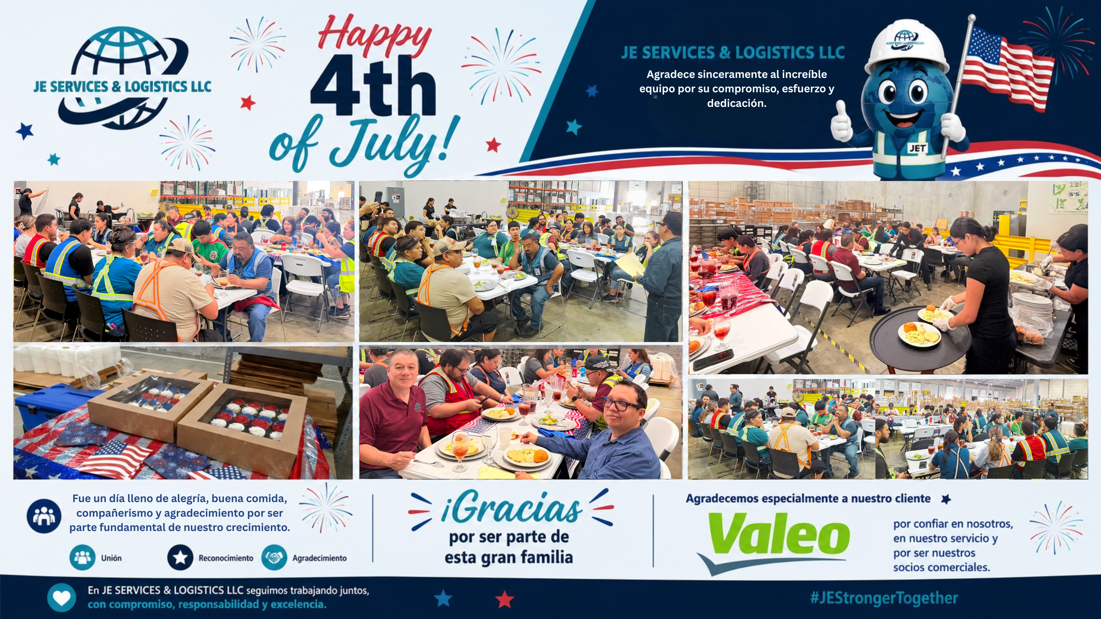 JE Services & Logistics July 4th celebration at the warehouse with team members enjoying food and festivities